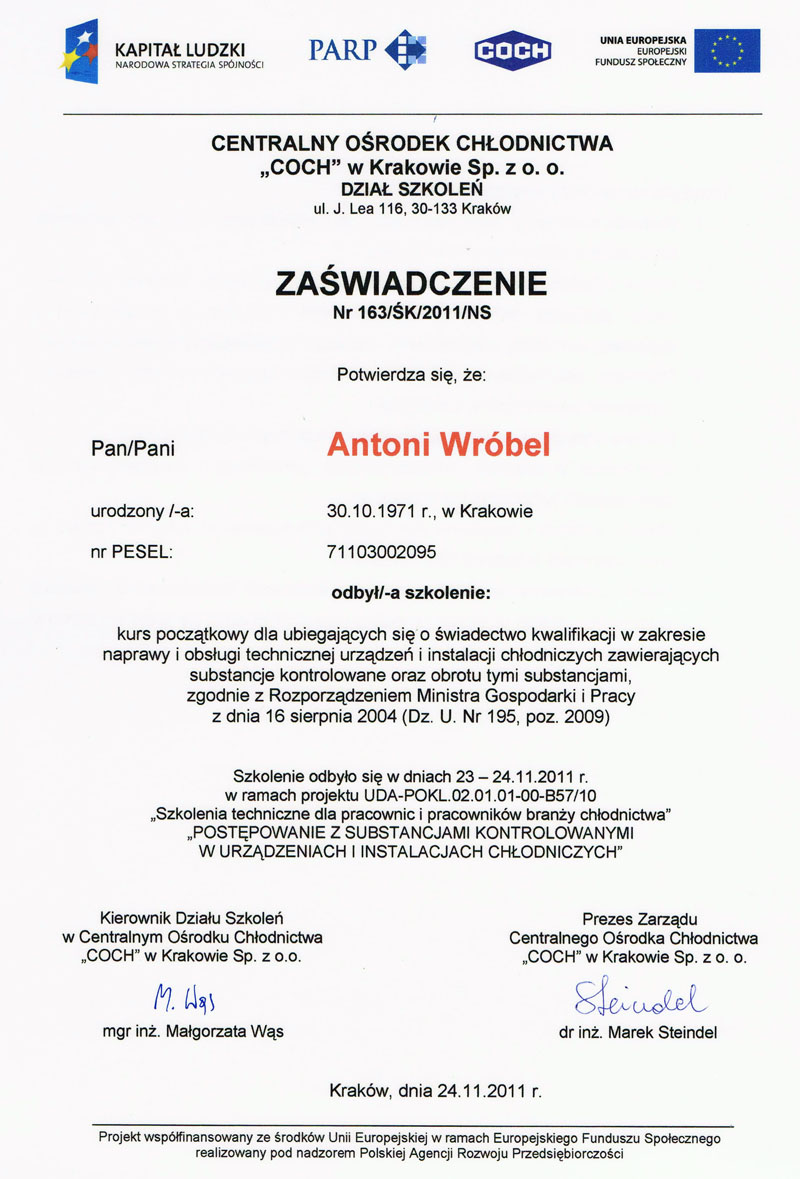 Certyfikat Marax Antoni Wrtóbel