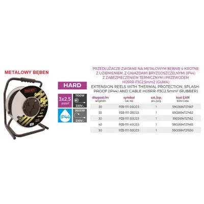 Przedłużacz 230V na bębnie metalowym 50m, HARD, OW-3x2,5mm2, IP44 otul. gumowa, 4 gniazda, kod: PZB-1111-50G/2,5