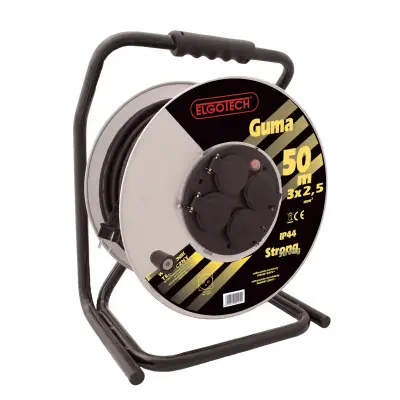 Przedłużacz 230V na bębnie metalowym 50m, HARD, OW-3x2,5mm2, IP44 otul. gumowa, 4 gniazda, kod: PZB-1111-50G/2,5