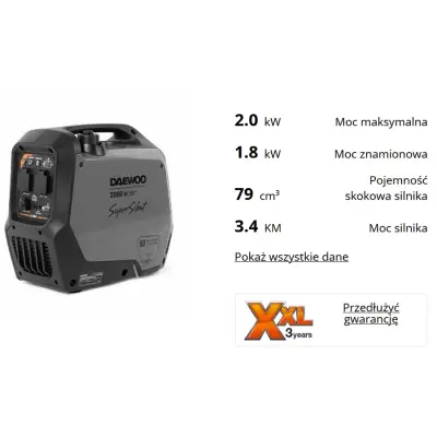 Agregat prądotwórczy przenośny, inwerterowy Daewoo GDA 2500Si, AVR, 230V, cichy 63,5dB, moc: 2,0/1,8 kW