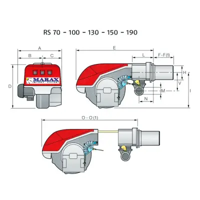 Palnik gazowy dwustopniowy progresywny RIELLO RS70 (L=250mm), moc: 192/465-814kW, KOD:3785102