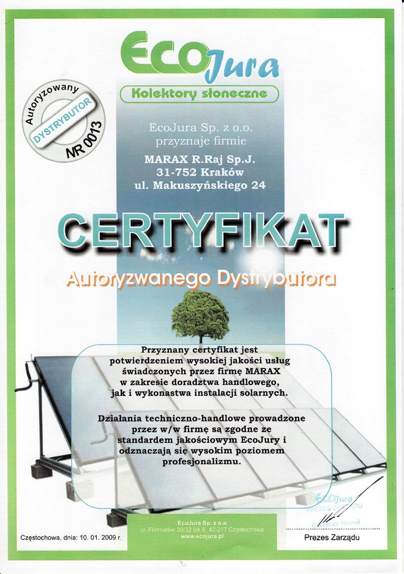 Ecojura certyfikat autoryzowanego dystrybutora