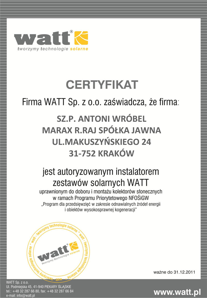 Watt certyfikat Antoni Wróbel