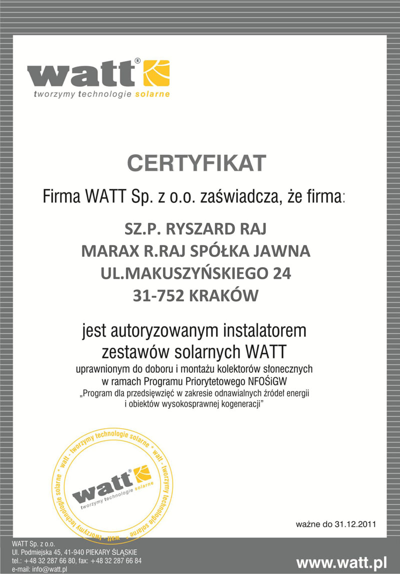 Watt certyfikat autoryzowanego dystrybutora