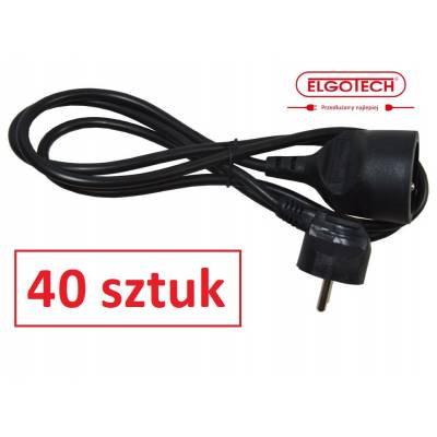 Przedłużacz elektryczny z wtyczką i z gniazdem czarny, kabel Elgotech PS-101,5-2, 2x1mm 10 A, dł.1,5mb w otulinie PCV, 40 sztuk