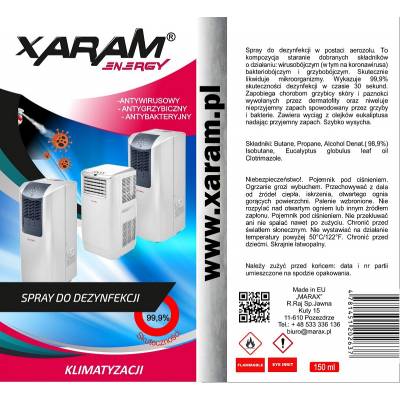 Płyn, spraj XARAM Energy do czyszczenia i odkażania, do dezynfekcji klimatyzatorów, poj. 150ml