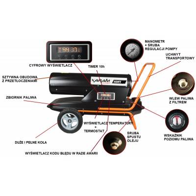 Przewoźna nagrzewnica olejowa XARAM Energy XDFT-20 Exclusive moc: 20kW: wyświetlacz cyfrowy, timer, manometr, regulacja pompy, filtr paliwa