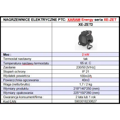Energooszczędna nagrzewnica typu PTC, farelka, dmuchawa powietrza elektryczna XARAM Energy XE-ZET2, moc: 2kW