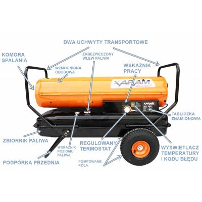 Przewoźna nagrzewnica olejowa XARAM Energy TK-50000 moc: 51kW; klasa PREMIUM: termostat, wyświetlacz temp.+kodu błędu, regulacja pompy, duże koła, d