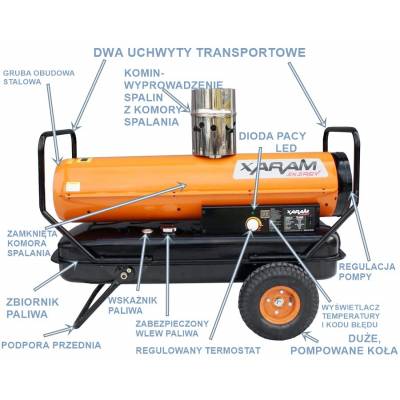 Przewoźna nagrzewnica olejowa XARAM Energy TK-55ID moc: 17,5kW; odprow.spalin, termostat, wyświetlacz temp.+kodu błędu, regulacja pompy, duże koła