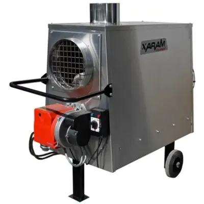 Piec grzewczy ze stali nierdzewnej INOX, nagrzewnica olejowa XARAM Energy P-30 z palnikiem ELCO moc: 30kW do myjni, lakierni, stolarni, suszarni, hal,